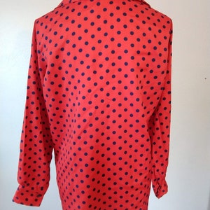 Vintage 70s bright red and navy polka dot top secretary style I love lucy costume style size L tie waist closure image 4