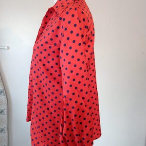 Vintage 70s bright red and navy polka dot top secretary style I love lucy costume style size L tie waist closure image 5