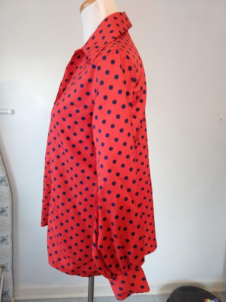 Vintage 70s bright red and navy polka dot top secretary style I love lucy costume style size L tie waist closure image 5