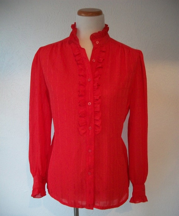 Red ruffle blouse top - secretary style - La Blou… - image 2