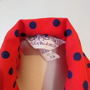 Vintage 70s bright red and navy polka dot top secretary style I love lucy costume style size L tie waist closure image 9