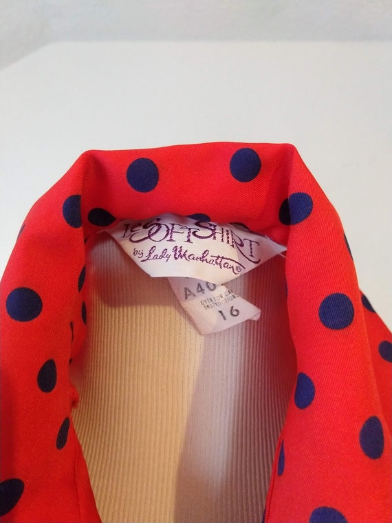 Vintage 70s bright red and navy polka dot top - s… - image 9