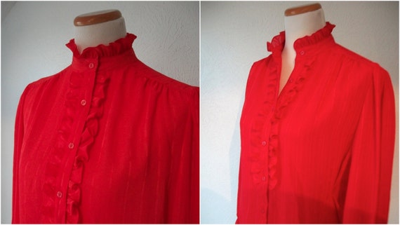 Red ruffle blouse top - secretary style - La Blou… - image 4