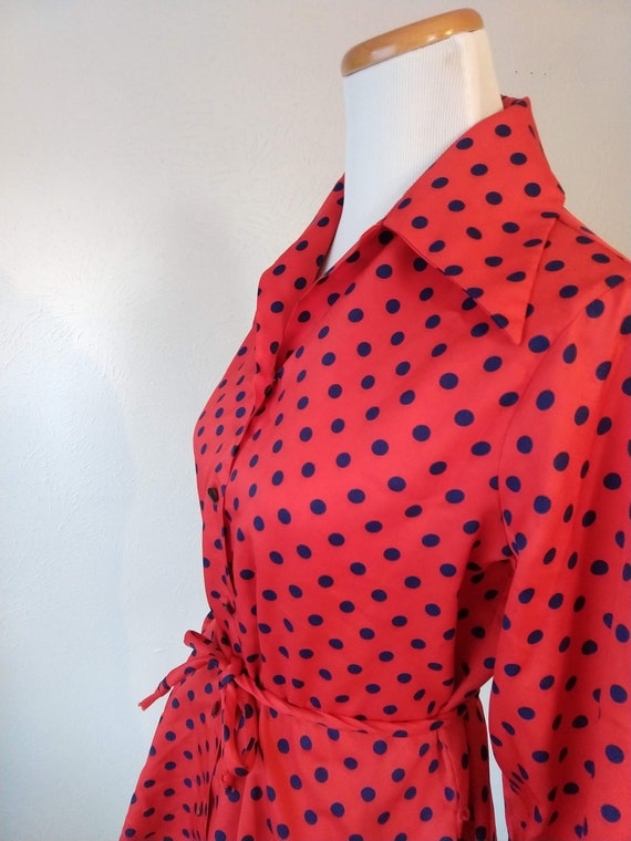 Vintage 70s bright red and navy polka dot top - s… - image 2