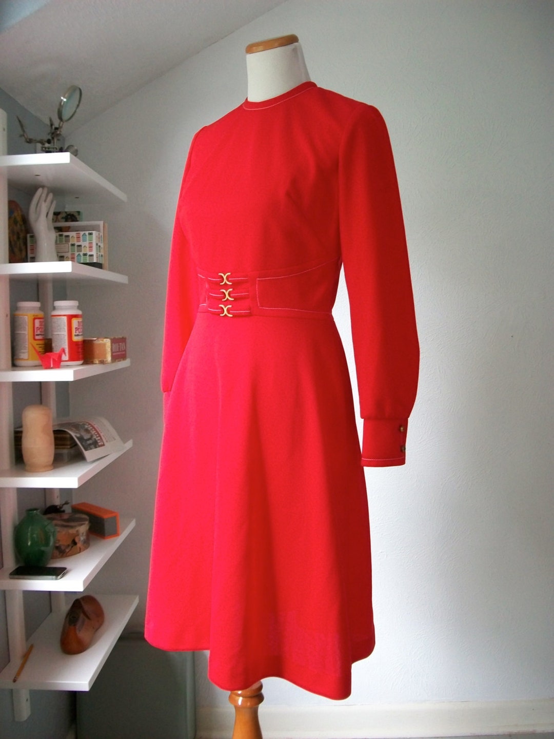 Vintage 60s RED Party Dress With Gold Waist Detail by Nelly Don