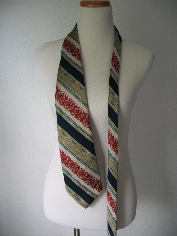 70s pattern Tiki floral tie in Navy Red and Gold - image 1