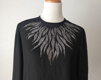 80s deadstock noir top avec argent GLITTER feu flamme collier détail - faite par Teddi de Californie - plus la taille - XL - sz 14 - manchon puff