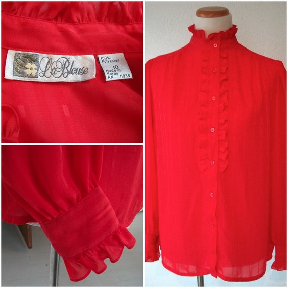 Red ruffle blouse top - secretary style - La Blou… - image 3