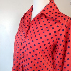 Vintage 70s bright red and navy polka dot top secretary style I love lucy costume style size L tie waist closure image 6