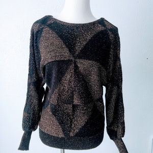 80s METALLIC black & bronze sweater - triangle abstract pattern - slouch - off shoulder - mademoiselle - oversize - size S M L - cosmic club