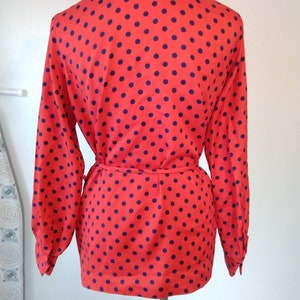 Vintage 70s bright red and navy polka dot top secretary style I love lucy costume style size L tie waist closure image 3