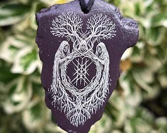 Web of Wyrd Talisman – Norse Fate Necklace | Norn/ Nornir & Yggdrasil Dual-Sided Light Engraved Slate Viking Rune Pendant