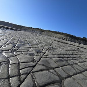 May include: A wide-angle view of a coastal landscape featuring a large, flat expanse of grey, cracked sedimentary rock formations with deep, intersecting fissures, leading toward a distant, low-lying cliff under a clear, bright blue sky.