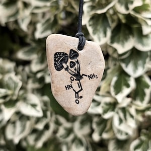 May include: A tan, irregularly shaped stone pendant hanging from a black cord. The stone features a black ink illustration of three mushrooms integrated with a chemical structure diagram including the text NH2, HN, and O.