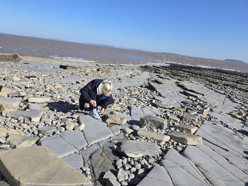 May include: A person wearing a dark blue jacket and light blue sneakers crouches on a rocky beach with flat grey stone slabs and pebbles, with a view of the brown ocean water and a clear blue sky in the background on a sunny day.