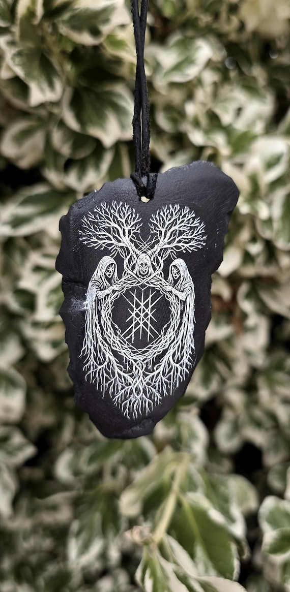 Web of Wyrd Talisman – Norse Fate Necklace | Norn/ Nornir & Yggdrasil Dual-Sided Light Engraved Slate Viking Rune Pendant