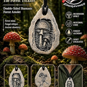 May include: A double-sided stone pendant on a black cord featuring an engraved Amanita Muscaria mushroom design on the front and a Muscimol chemical structure on the back. The pendant is light grey with dark, detailed etchings of fungi.