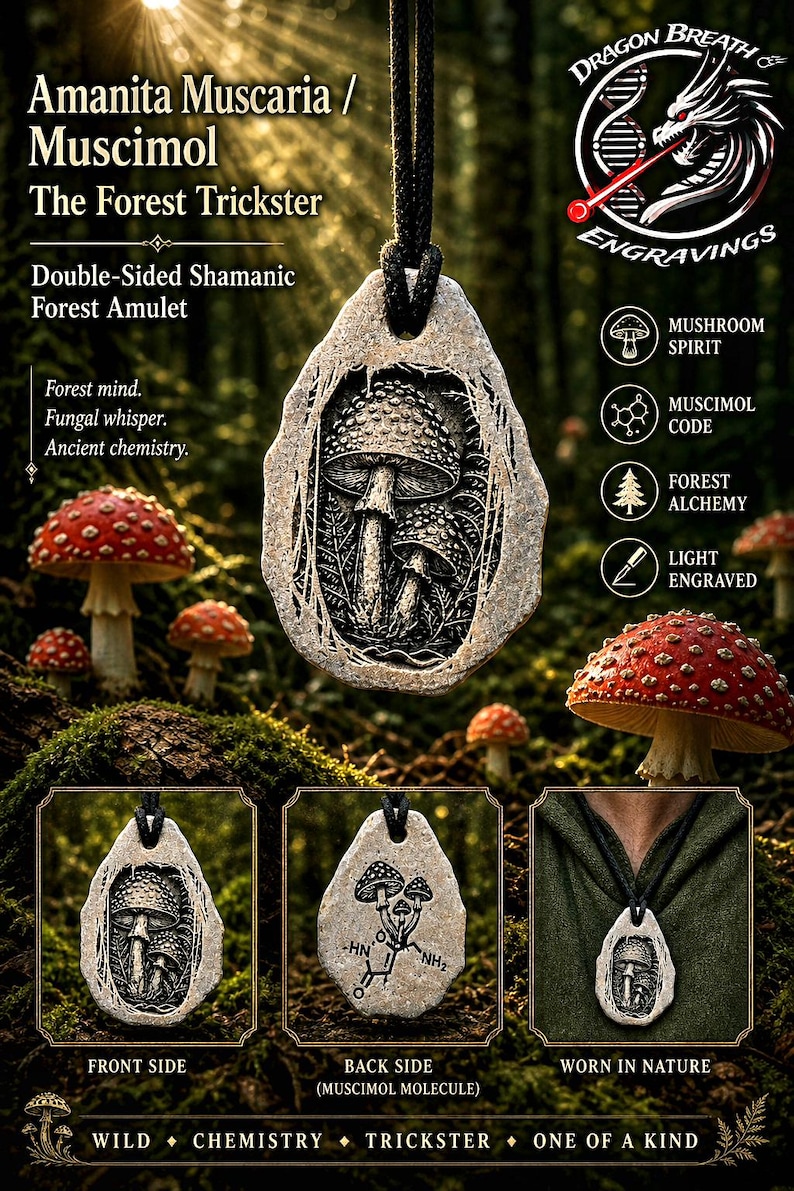 May include: A double-sided stone pendant on a black cord featuring an engraved Amanita Muscaria mushroom design on the front and a Muscimol chemical structure on the back. The pendant is light grey with dark, detailed etchings of fungi.