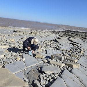 May include: A person wearing a dark blue jacket and light blue sneakers crouches on a rocky beach with flat grey stone slabs and pebbles, with a view of the brown ocean water and a clear blue sky in the background on a sunny day.