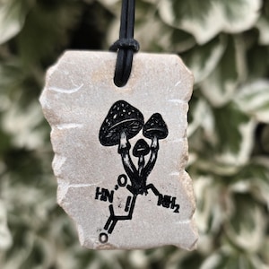 May include: A rectangular, light-coloured stone pendant suspended from a black cord. The stone features a black ink illustration of three mushrooms growing from a chemical structure diagram that includes the text HN, O, and NH2.
