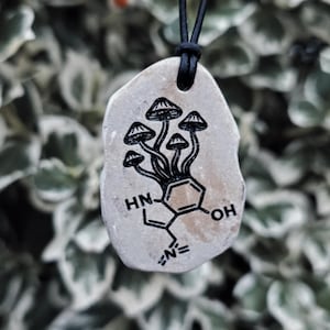 May include: A light-coloured, irregular stone pendant hanging from a black cord. The stone features a black ink illustration of a cluster of mushrooms growing out of a chemical molecular structure, including the text labels HN, OH, and N.