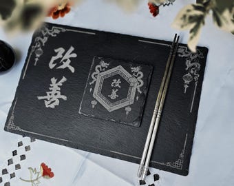 Kaizen Slate Dining Set for Two: Japanese Stone Plates with Dragon Coasters