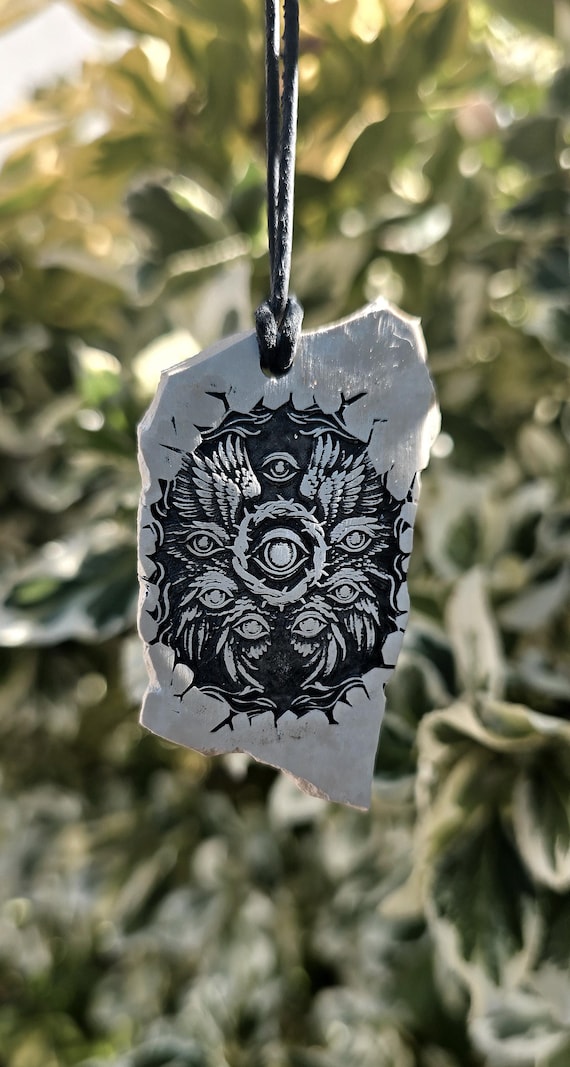 Seraphic Codex – Dual-Sided Celestial Vision Pendant • Light engraved-Carved Slate Talisman.  MEDITERRANEAN STONE