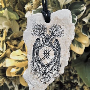Web of Wyrd Talisman – Norse Fate Necklace | Norn/ Nornir & Yggdrasil Dual-Sided Light Engraved Slate Viking Rune Pendant