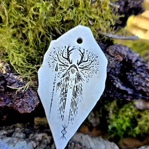 Seer of the Healing Grover – Dual-Sided Shaman Pendant • Spirit Warrior & Rune of Healing • Light-Carved Slate Talisman of the Living Webl