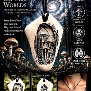 May include: A dual-sided pendant on a black cord featuring a carved mushroom scene on the front and a chemical structure with mushrooms on the back. Text includes: CUBENSIS - THE DOOR BETWEEN WORLDS, PSILOCYBIN MUSHROOM AMULET, DUAL-SIDED PENDANT.