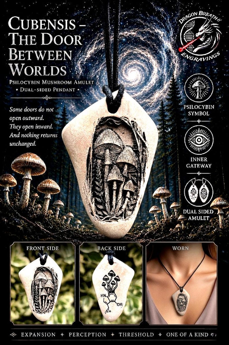 May include: A dual-sided pendant on a black cord featuring a carved mushroom scene on the front and a chemical structure with mushrooms on the back. Text includes: CUBENSIS - THE DOOR BETWEEN WORLDS, PSILOCYBIN MUSHROOM AMULET, DUAL-SIDED PENDANT.