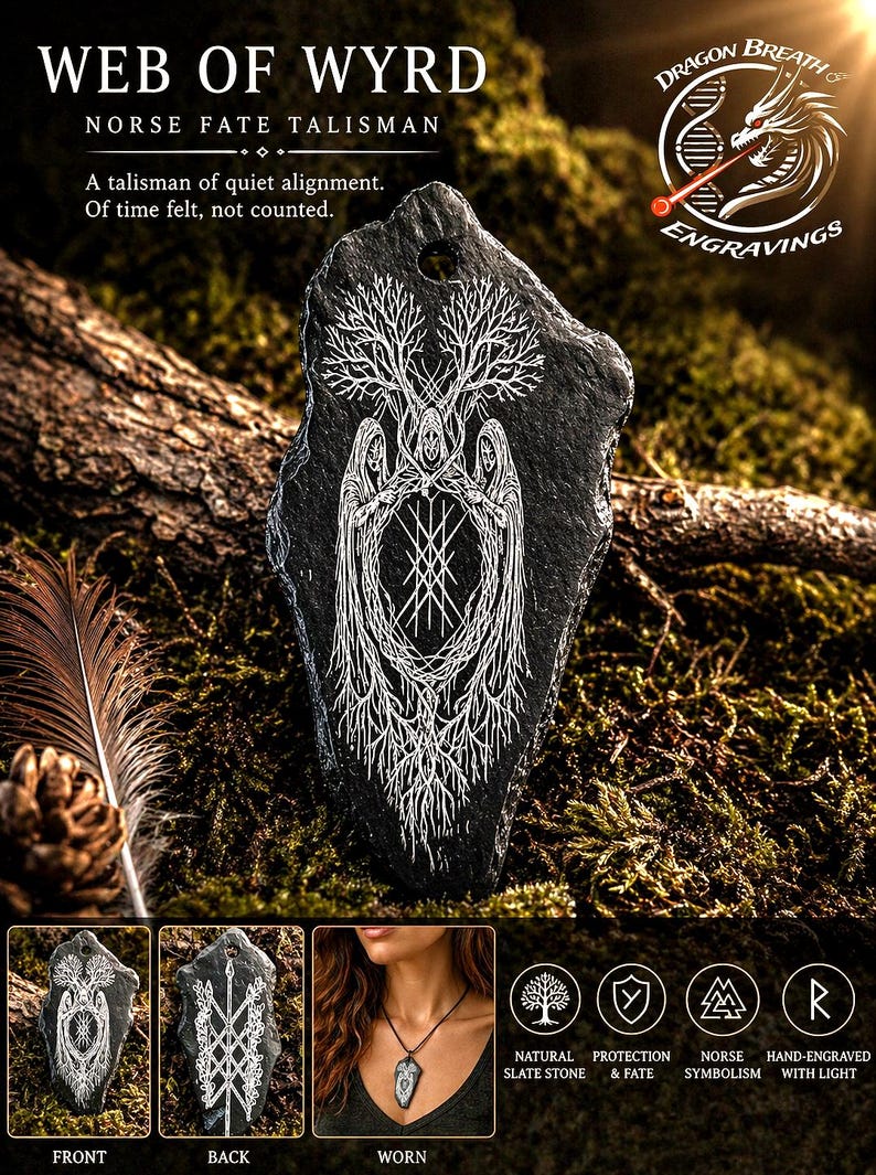 May include: A black slate stone pendant featuring a white hand-engraved design of three hooded figures intertwined with tree branches and a central geometric symbol. The piece includes a hole at the top for suspension and displays Norse imagery.
