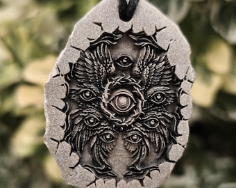 Seraphic Codex – Dual-Sided Celestial Vision Pendant • Light engraved-Carved Slate Talisman.  MEDITERRANEAN STONE