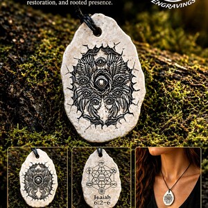 May include: A dual-sided pendant made of natural stone featuring a black engraved design of a multi-eyed celestial being on the front and sacred geometric symbols with the text Isaiah 6:2-6 on the back, suspended on a black cord necklace.
