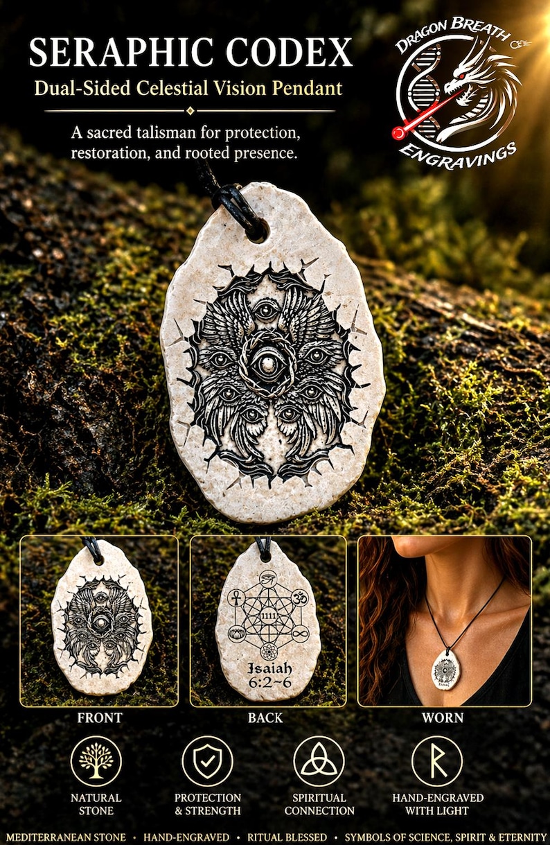 May include: A dual-sided pendant made of natural stone featuring a black engraved design of a multi-eyed celestial being on the front and sacred geometric symbols with the text Isaiah 6:2-6 on the back, suspended on a black cord necklace.