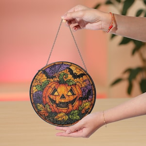 Halloween Pumpkin Suncatcher Stained Glass Decor Window Hanging Spooky Fall Decor Unique Gift for Halloween Lovers Unique Custom Home Decor