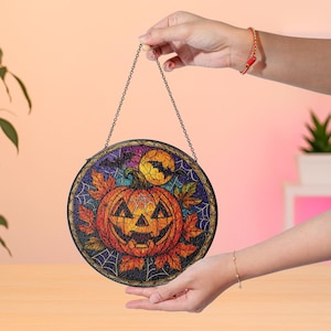 Halloween Stained Glass Pumpkin Suncatcher Window Hanging Spooky Fall Decor Unique Gift for Halloween Lovers Unique Custom Home Decor