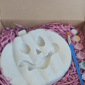 Puede incluir: Kit de manualidades de cerámica con forma de calabaza blanca sin pintar, con una cara tallada, dentro de una caja de cartón con papel rosa triturado. Incluye botes de pintura y pinceles, listo para un proyecto de pintura de Halloween.
