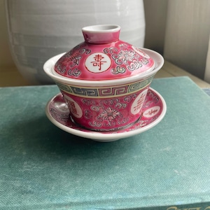 Vintage Chinese Tea set / 3 pc / Lid / Saucer / Cup / Red, Pink, Yellow, Blue, Green / Free Shipping
