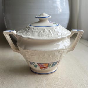 Vintage Floral Sugar Bowl / Village & Farm Scenes / Orange - Pink Flowers / Blue trim / Free Shipping