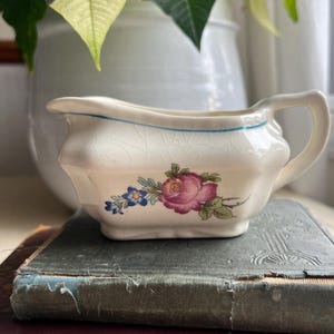 Vintage Floral Creamer / Glaze Crazing / Pink Blue Yellow Flowers with Green Teal Leaves / Blue Trim / Free Shipping