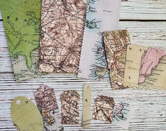 12 Vintage Map Tags, Junk Journal Ephemera, Scrapbooking Supplies, Die Cut Tags, Travel Theme Cardstock Tags, Handmade Bookmark Tags