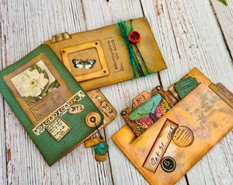 Handmade Vintage Junk Journal Embellishments, Specimen Slides Mini Folders Envelopes Ephemera Set Butterfly Insect Bird Botanical