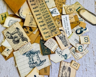 Hand Stamped Ephemera Grab Bag | 50+ Pieces Junk Journal Supplies | Collage Scrapbook Ephemera | Vintage Inspired Pack