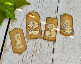 Set of 10 Shabby Numbered Tags, Gold Cottagecore Number Tag, Vintage Style Large Tags