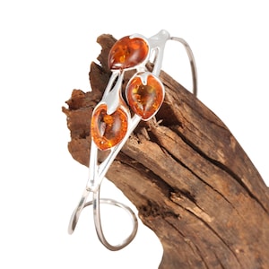 Honey Baltic Amber Bangle Sterling Silver 925 Triple Amber Bud