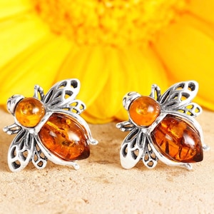 Baltic Amber Bee Stud Earrings 925 Sterling Silver with Honey Amber stones