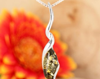 Green Baltic Amber Mini Swirl Teardrop Pendant 925 Sterling Silver