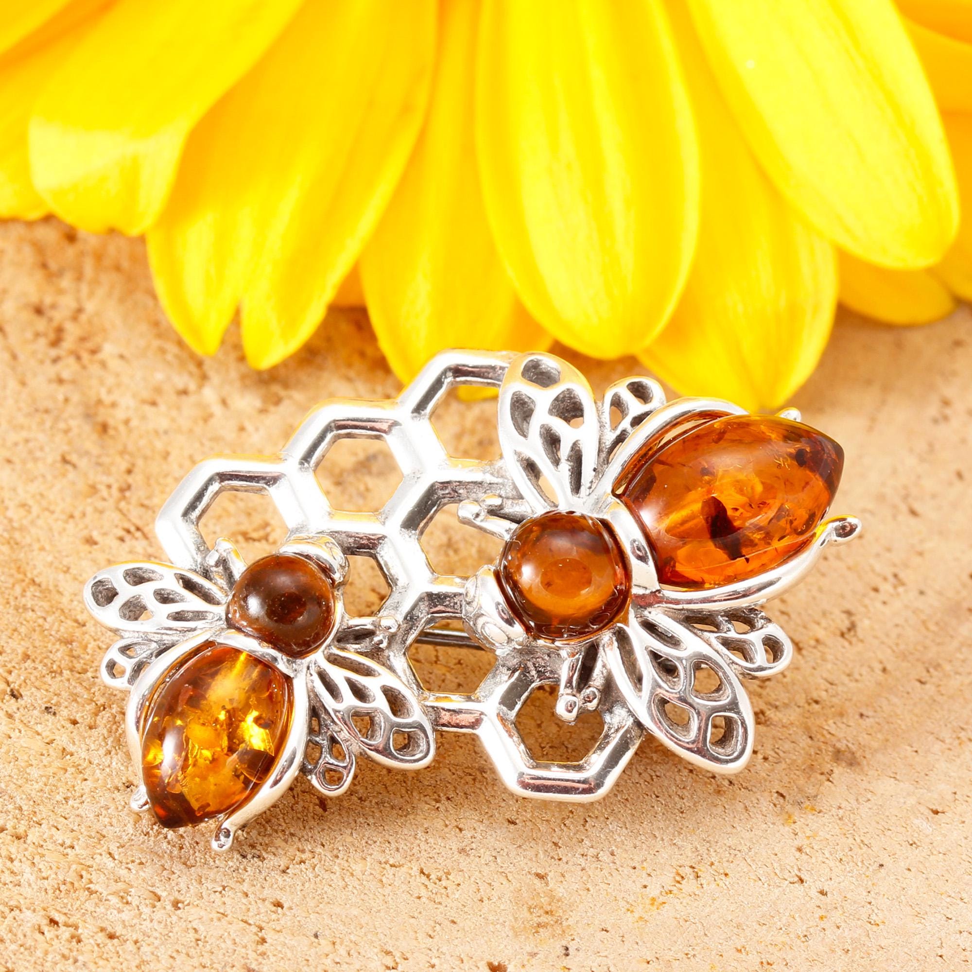 Broche Ancienne Vintage En Or Avec Ambre - Bijou Occasion