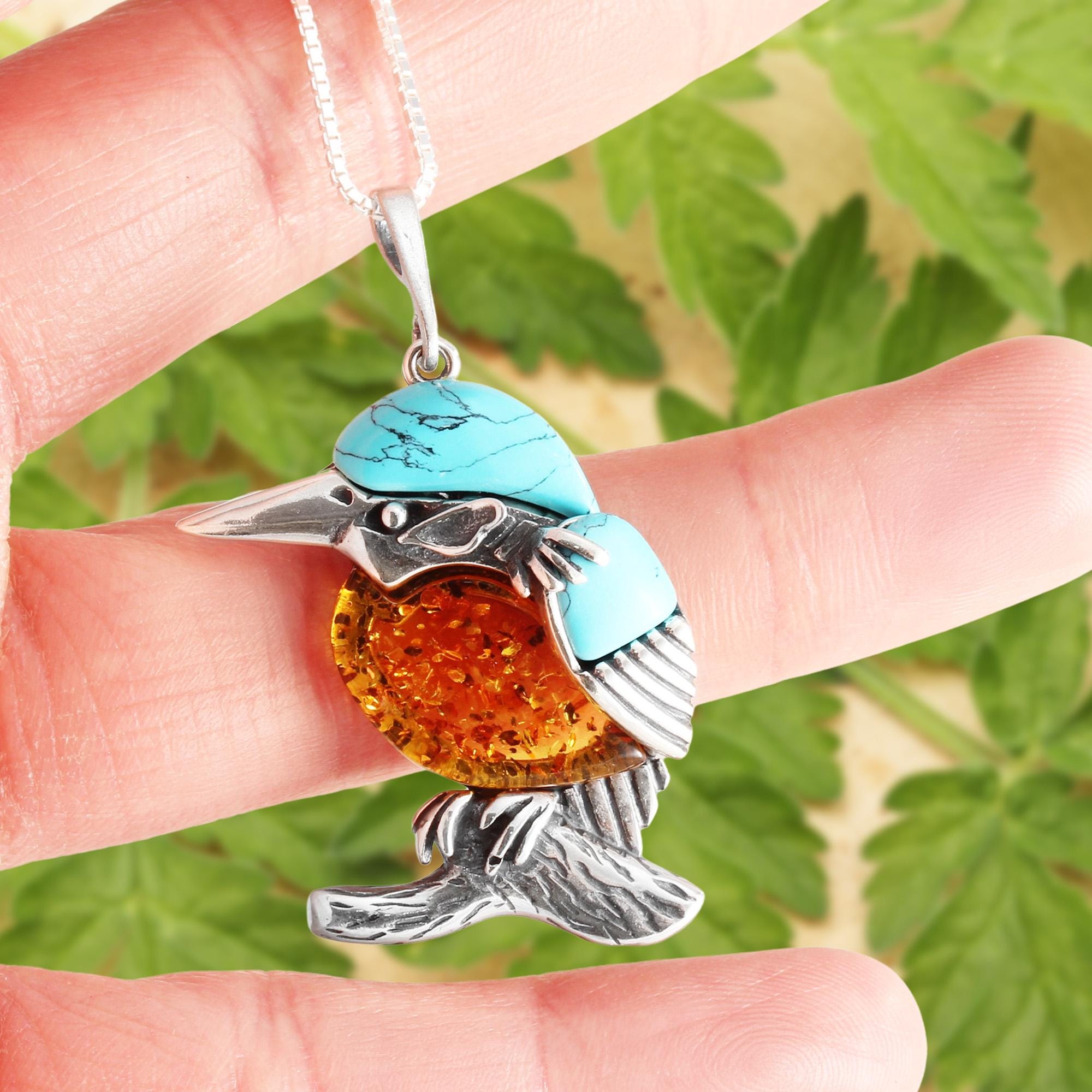 大きなカワセミペンダントネックレス - 925スターリングシルバー